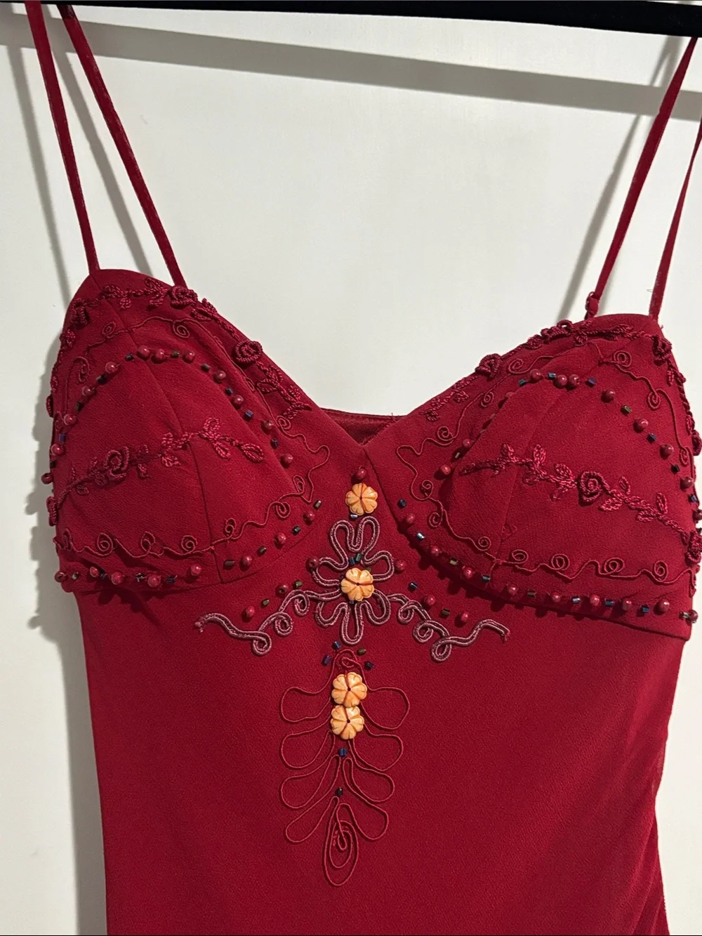 Sue Wong Deep Red Beaded Spaghetti-Strap Mini Dress - Picture 3 of 6